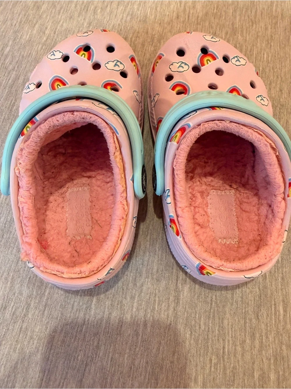 CROCS Pink Rainbow Fuzz Lined Kids Clogs with Mint Strap